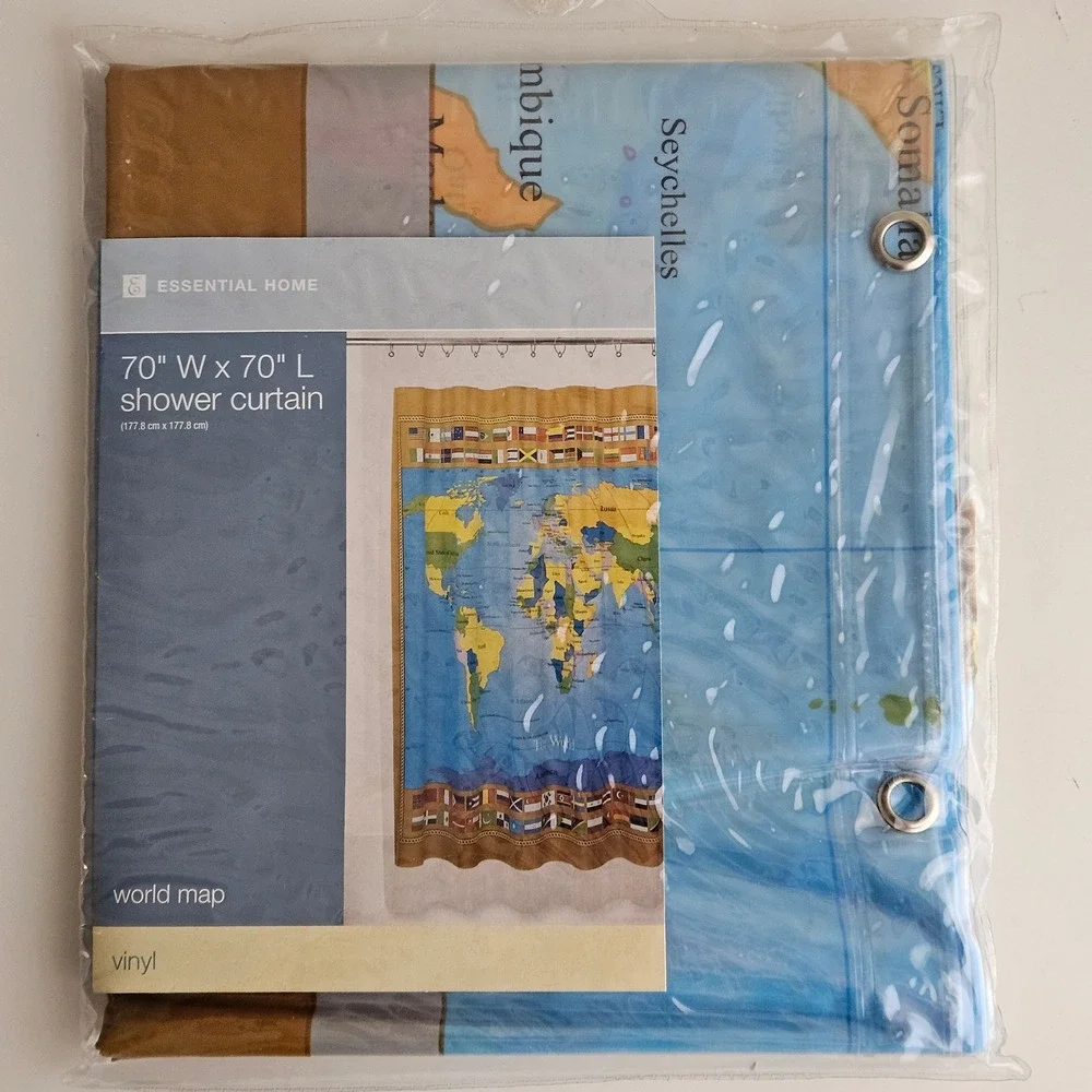 Essential Home World Map Shower Curtain 70x70 Vinyl NEW Educational Travel